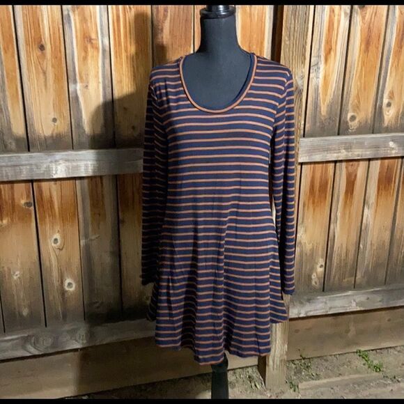 Umgee dress striped navy blue brown pockets Sz Small FIRM on PRICE NWT - Picture 1 of 3